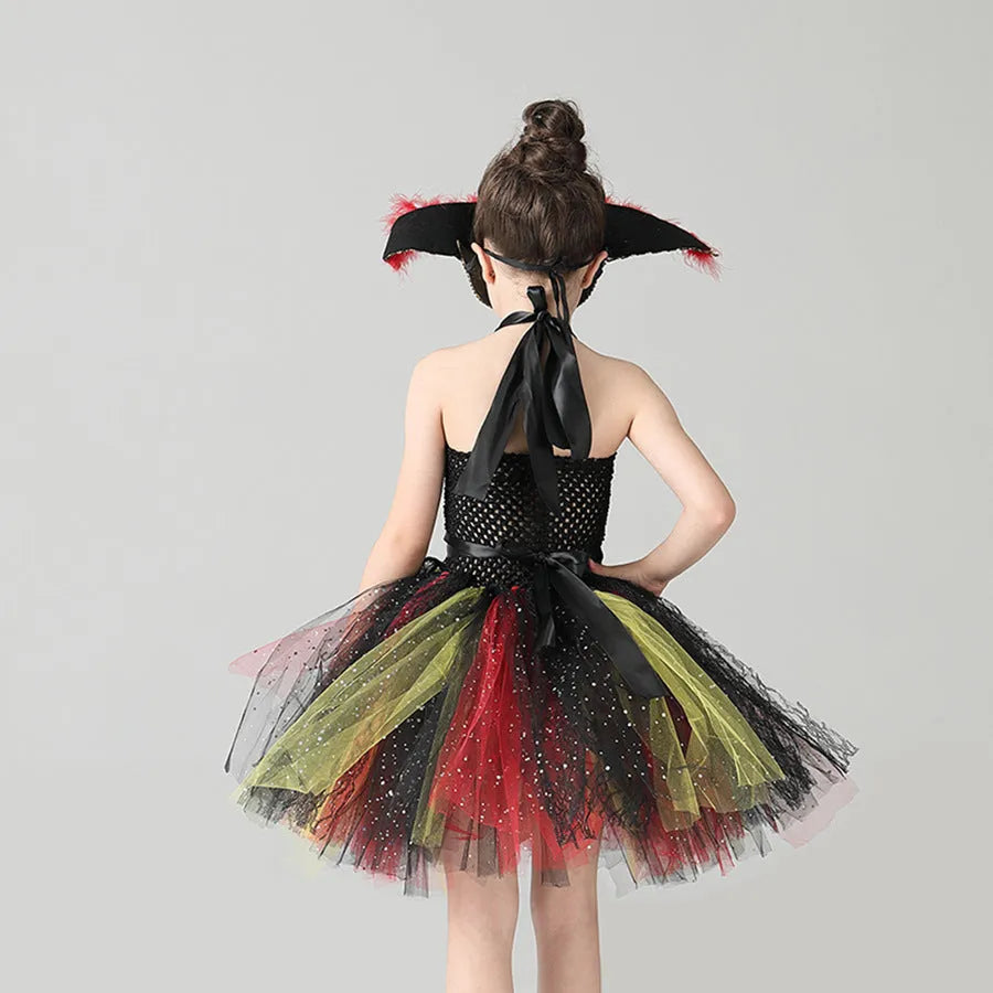 Girls sleeveless pirate costume dress with sequins and mesh gauze, includes optional eye mask.