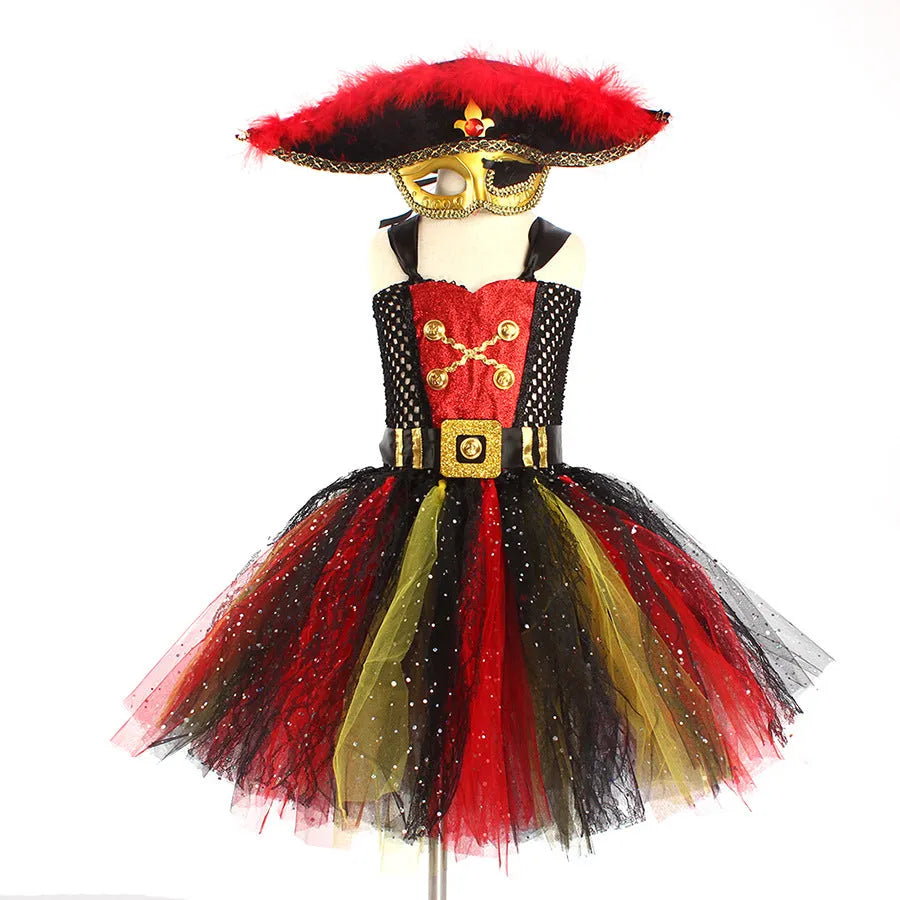 Girls sleeveless pirate costume dress with sequins and mesh gauze, includes optional eye mask.