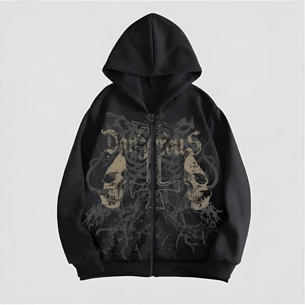 Men's black hooded sweatshirt with skull graphic print, Harajuku style pullover with long sleeves