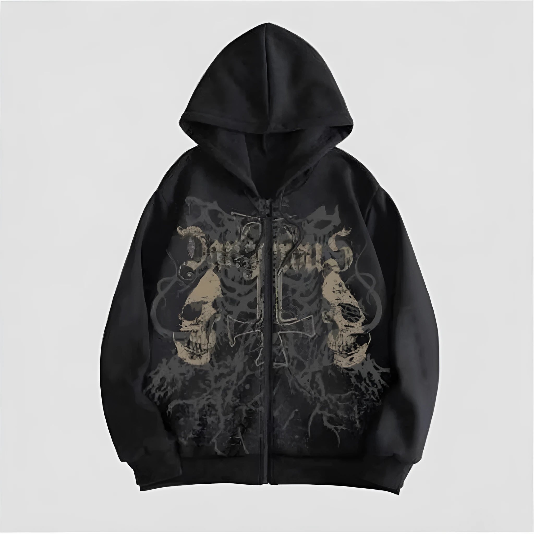 Men's black hooded sweatshirt with skull graphic print, Harajuku style pullover with long sleeves