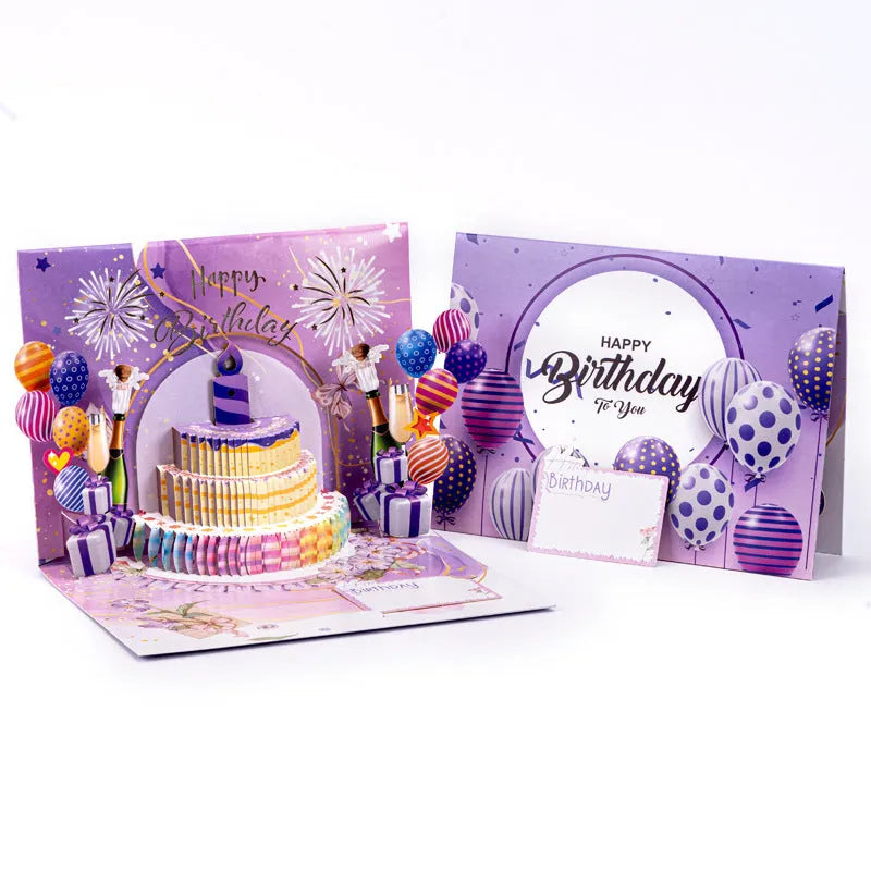 Three-dimensional cake pop-up greeting card with Chinese ink style artwork, shown flat and opened
