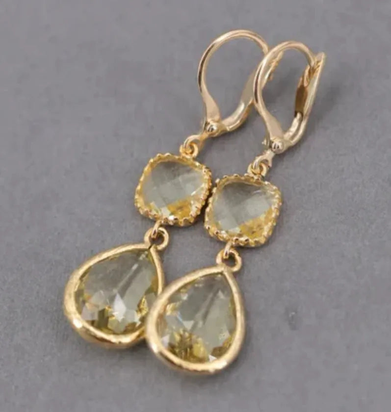 Gold retro geometric earrings with long crystal fringe droplets on copper with electroplated finish
