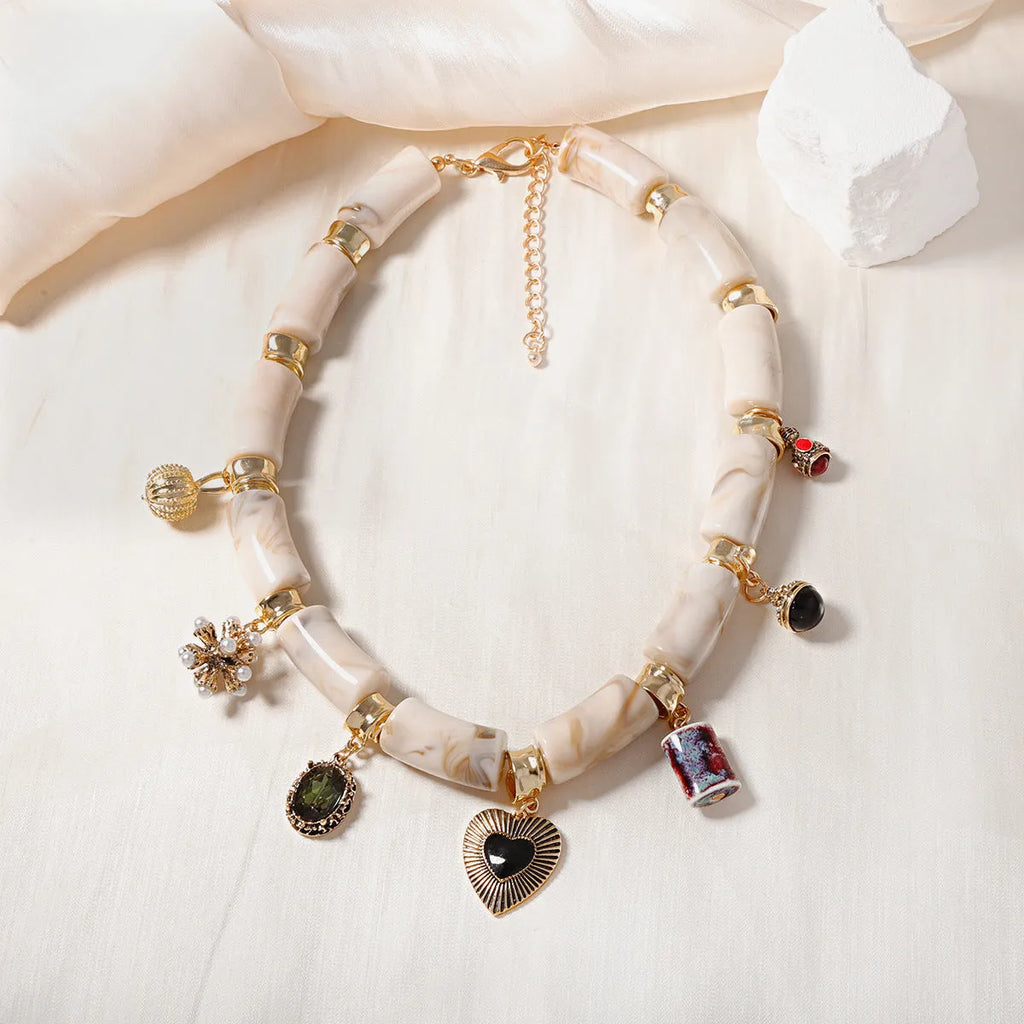 Heart shaped resin bamboo pendant necklace with electroplated finish for women