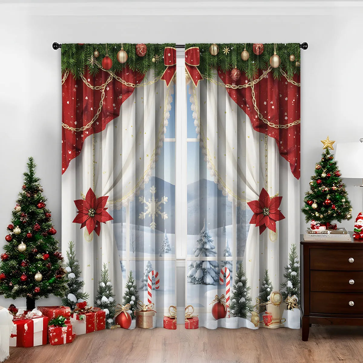 3D digitally printed Christmas curtains set of two in European style with high sunshade function
