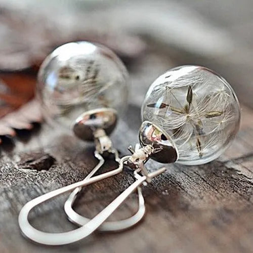 Clear glass ball earrings with crystal dandelion seed design on French hook