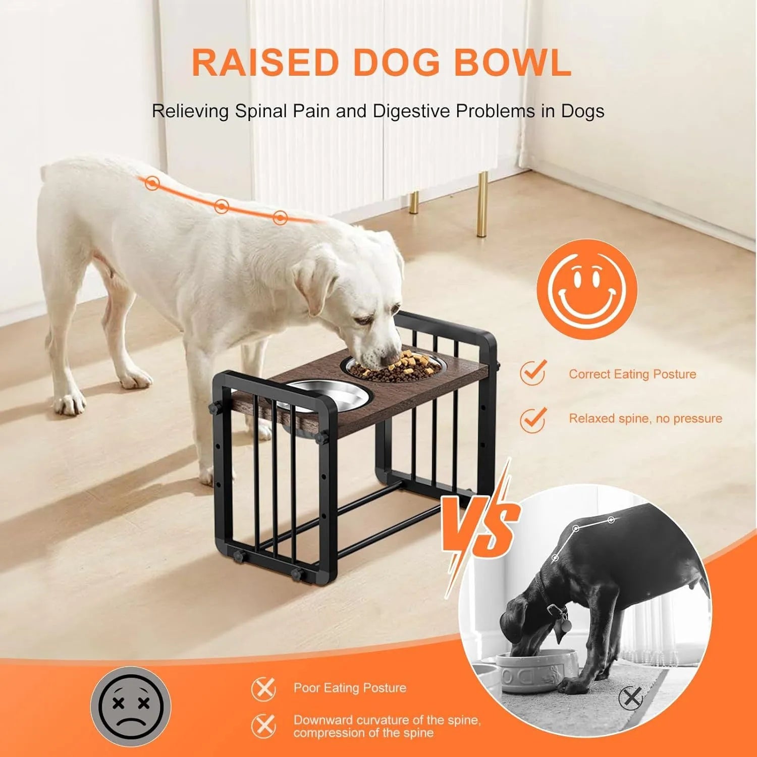 Black wooden dog bowl stand measuring 37 by 23 centimetres with non-slip surface