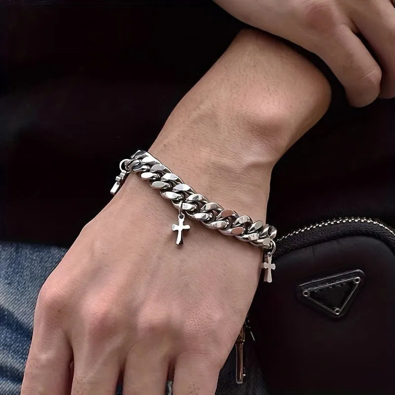 Men's titanium steel geometric cross bracelet with cold wind styling