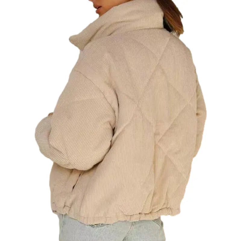 Apricot women's corduroy wadded jacket with stand collar and zip front closure
