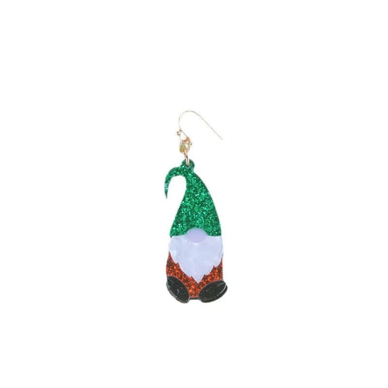 A pair of cartoon Santa Claus acrylic fashion earrings on a red background.