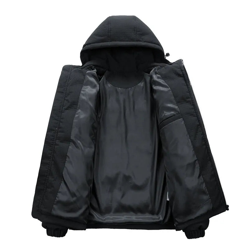 Men's black Korean-style cotton-padded winter coat with a hood, zip front, side pockets, and a white letter print on the chest.