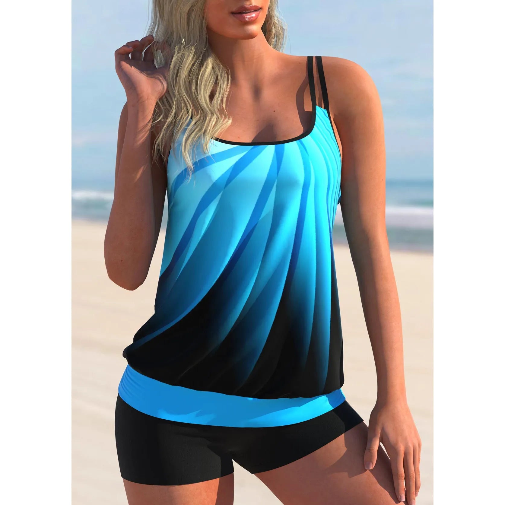 Plus size women's swimsuit set with printed butterfly pattern top and matching beach shorts