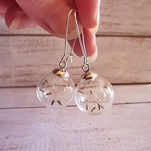 Clear glass ball earrings with crystal dandelion seed design on French hook