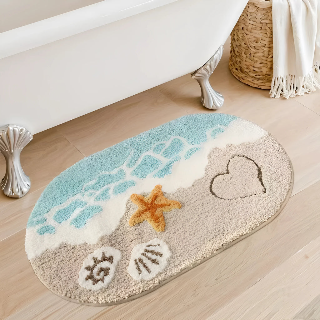 Square cashmere-style floor mat with rainbow pattern on Sky Sea background showing plastic dirt-resistant bottom