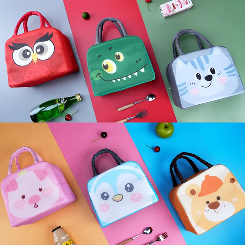 Cartoon insulated lunch box bag in Oxford cloth with aluminium foil insulation.