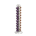 Black wrought iron coffee capsule storage rack holding 20 single-serve pods on display shelves.