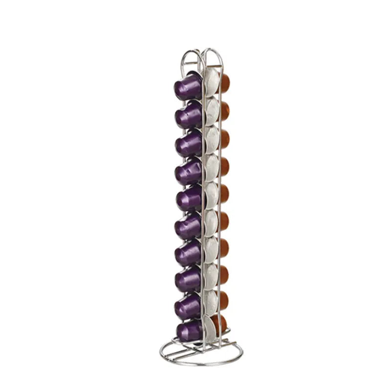 Black wrought iron coffee capsule storage rack holding 20 single-serve pods on display shelves.