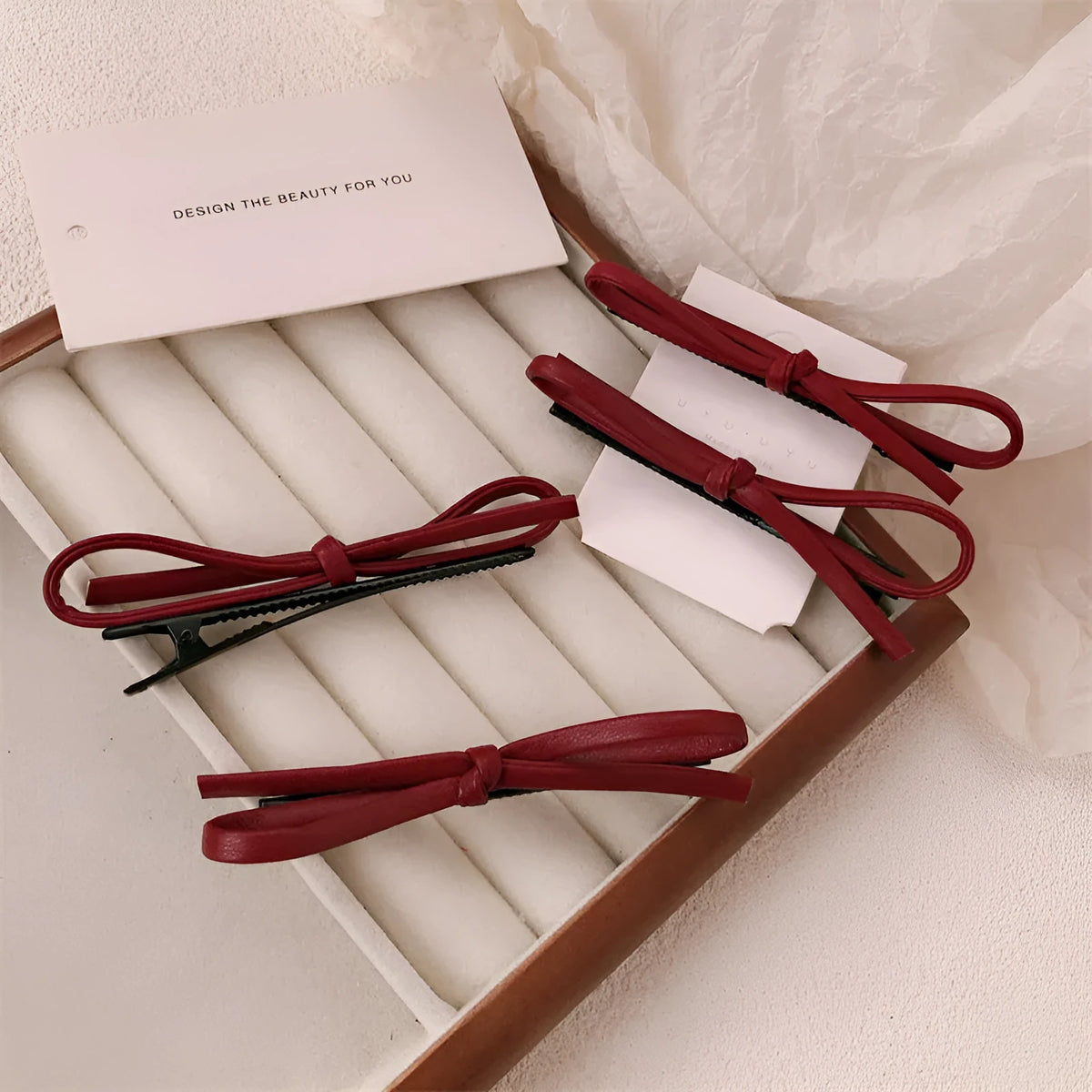 Wine red leather bow hair barrettes clip for women in advanced style