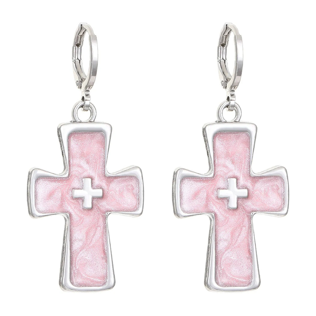 Women's alloy earrings with cross crystal design in five colour options including white, black cat, and antique silver