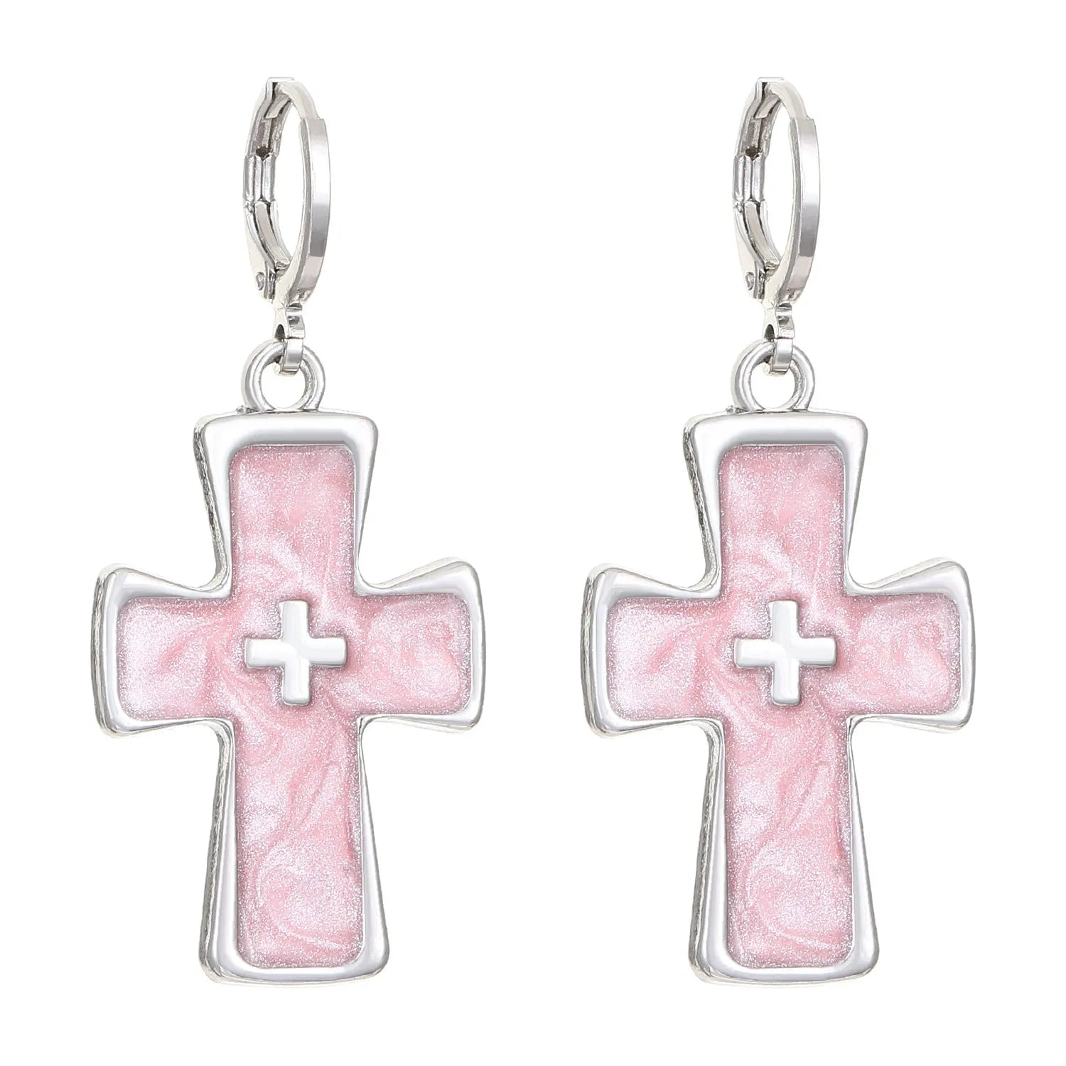 Women's alloy earrings with cross crystal design in five colour options including white, black cat, and antique silver