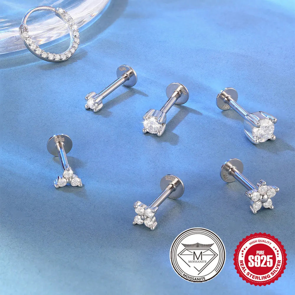 S925 sterling silver geometric petal stud earrings with platinum finish and clip-on fastening