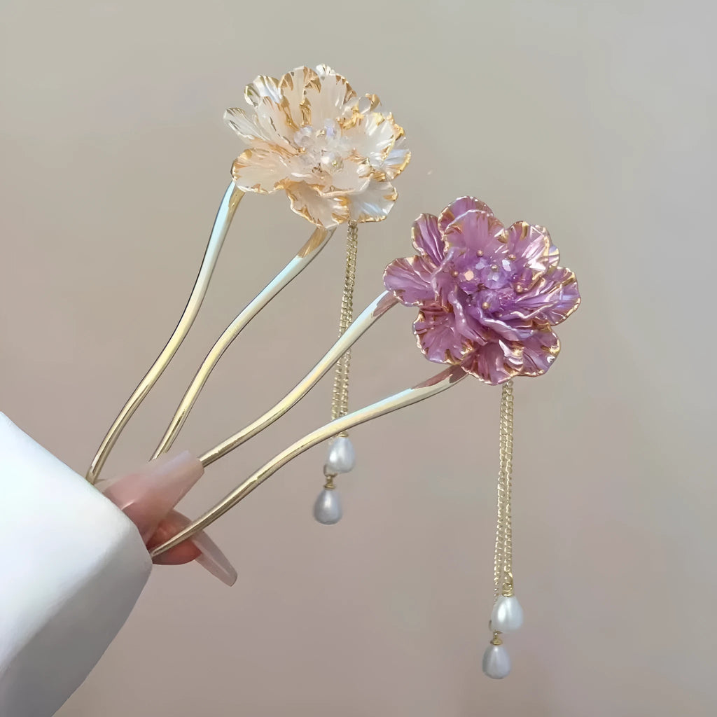 Retro peony flower tassel U-shaped hairpin in alloy with purple and white colour options