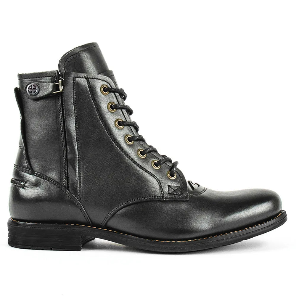 Knight Series black and brown two-tone leather boots with side zipper and low heel.
