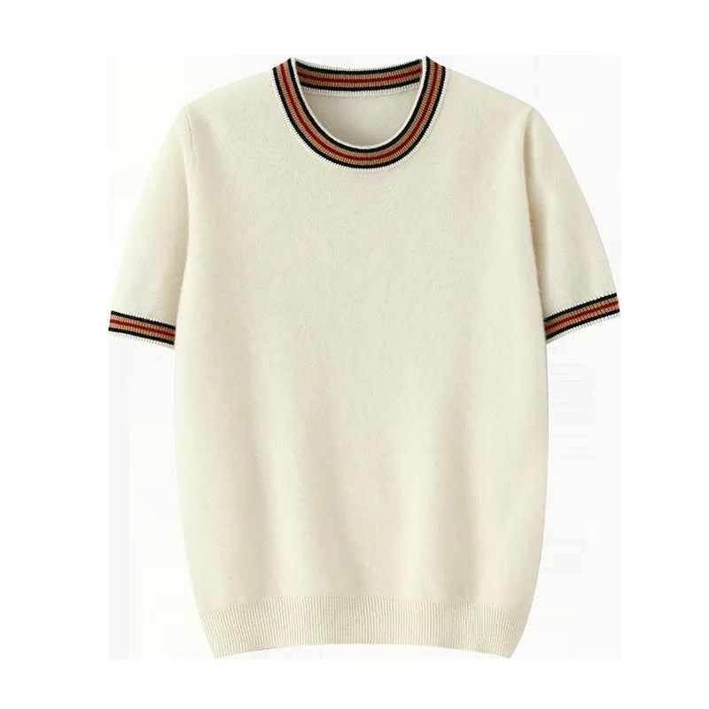 Men's pure wool short sleeve sweater in gray, showing round neck and pullover style.