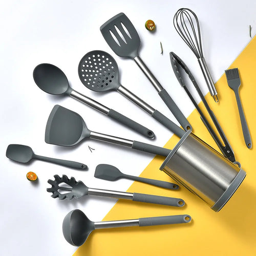 12-piece silicone kitchen utensil set with rotating storage bucket in black, includes spatula, ladel, and cooking tools