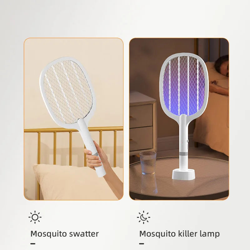 Blue and green rechargeable electric mosquito swatter with USB charging cable.