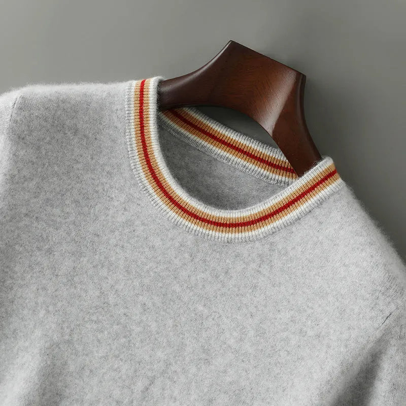 Men's pure wool short sleeve sweater in gray, showing round neck and pullover style.