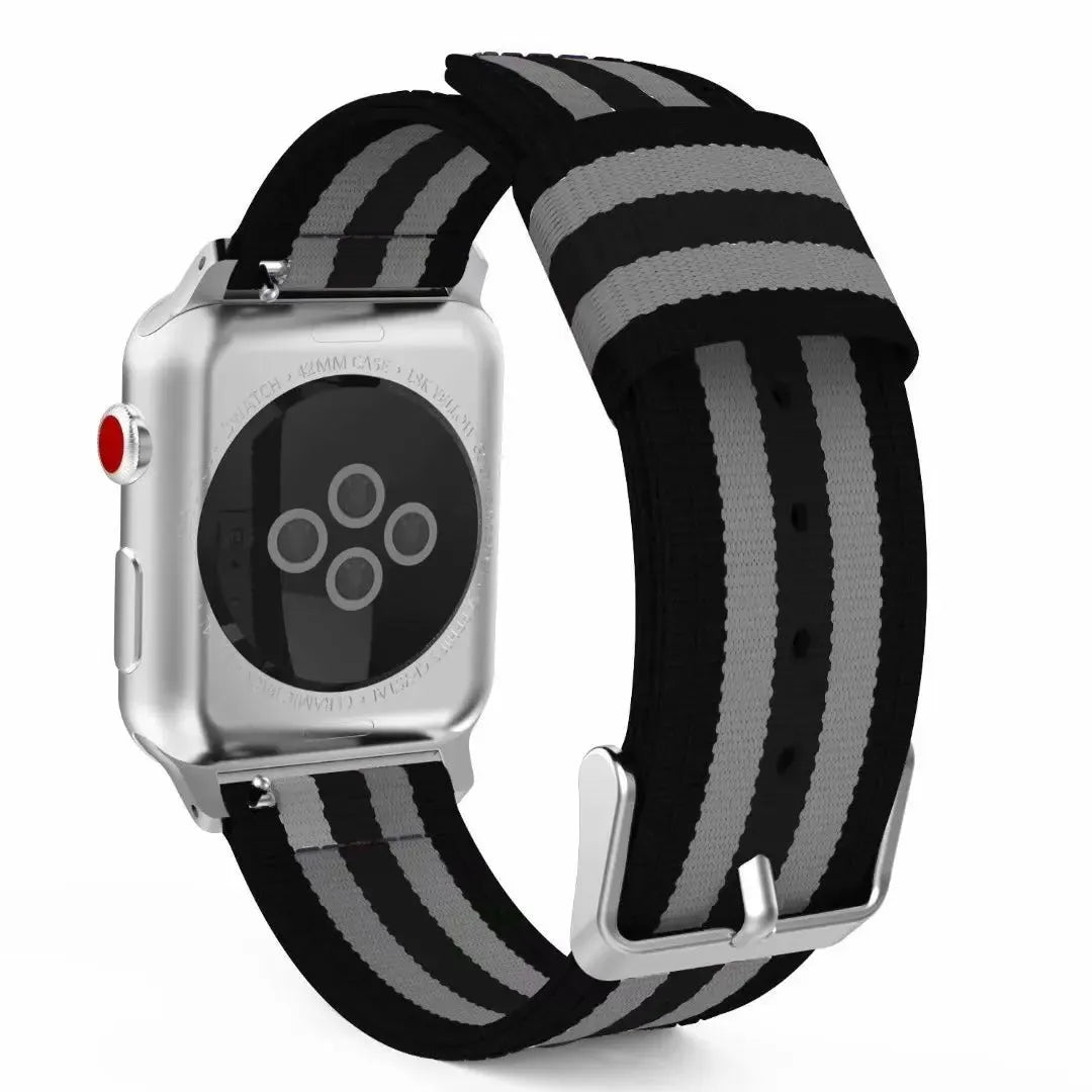 Split nylon canvas watchband for Apple Watch in rainbow colour, fits sizes 38-49mm