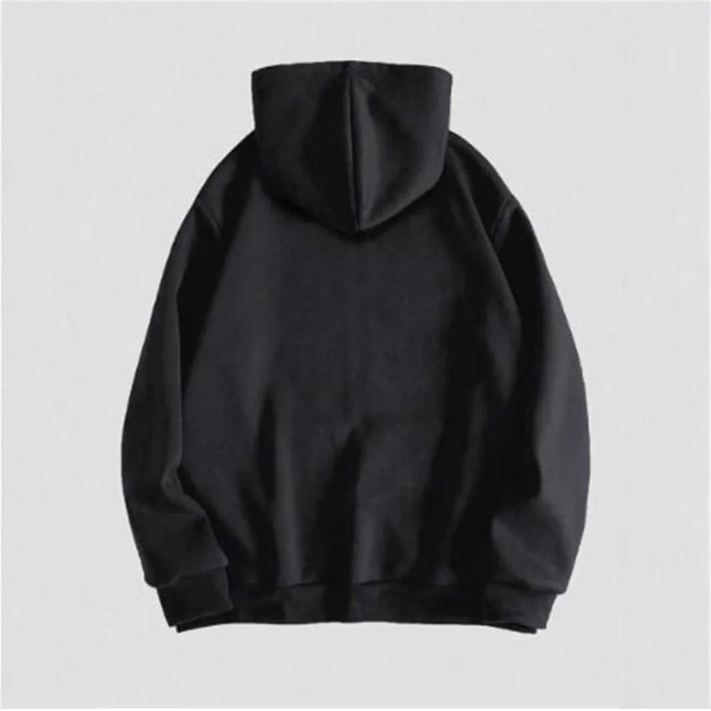 Men's black hooded sweatshirt with skull graphic print, Harajuku style pullover with long sleeves