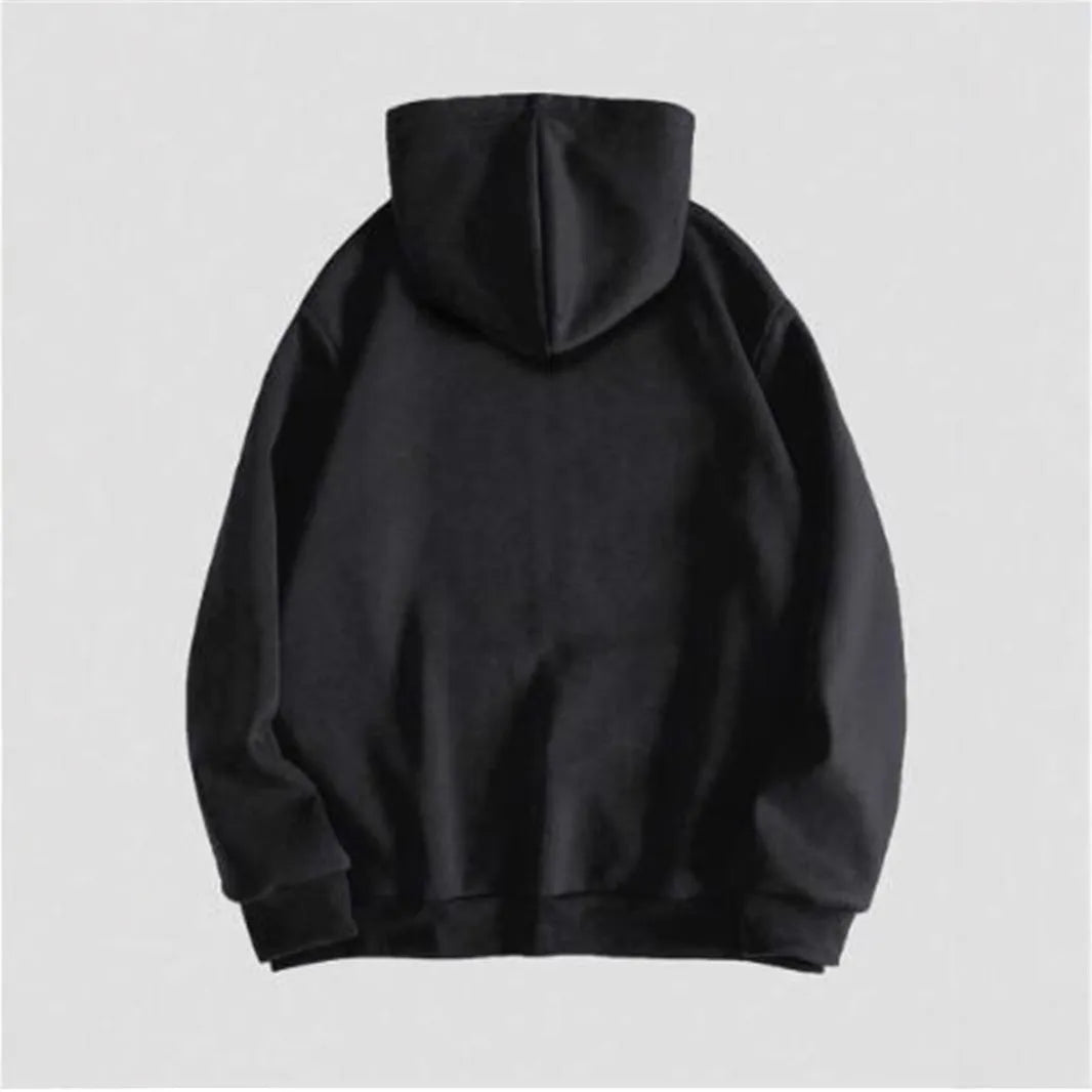 Men's black hooded sweatshirt with skull graphic print, Harajuku style pullover with long sleeves