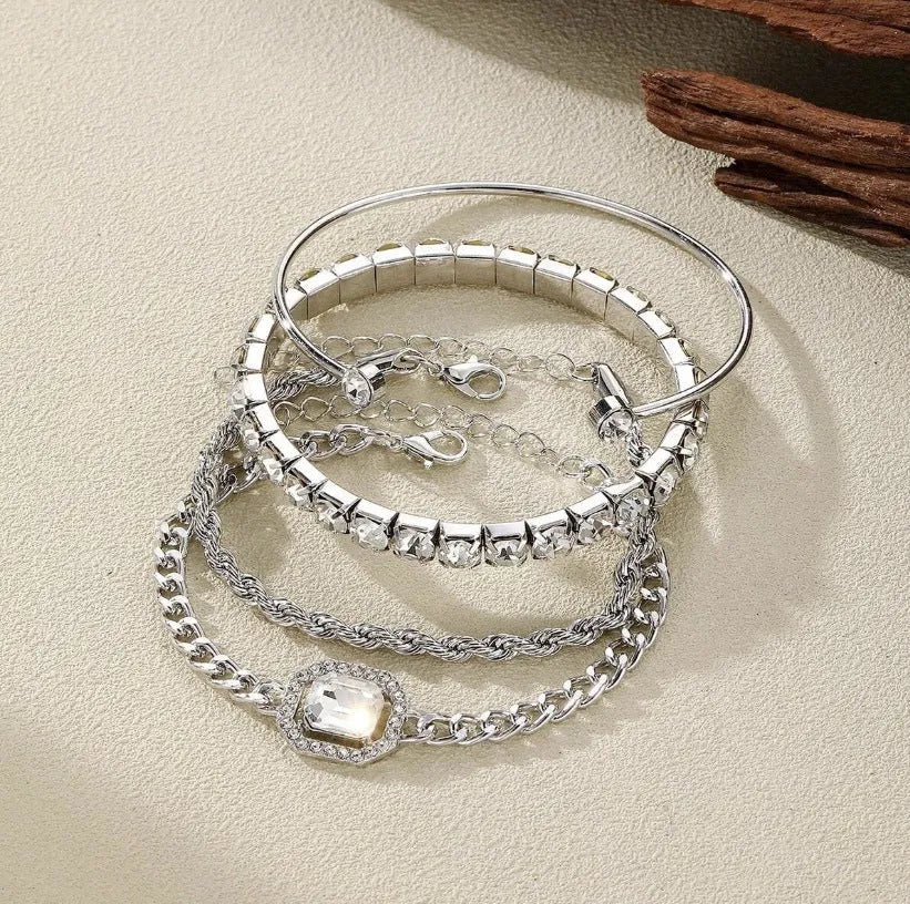 Women's retro geometric alloy bracelet four-piece set with square diamond links and metal chain construction