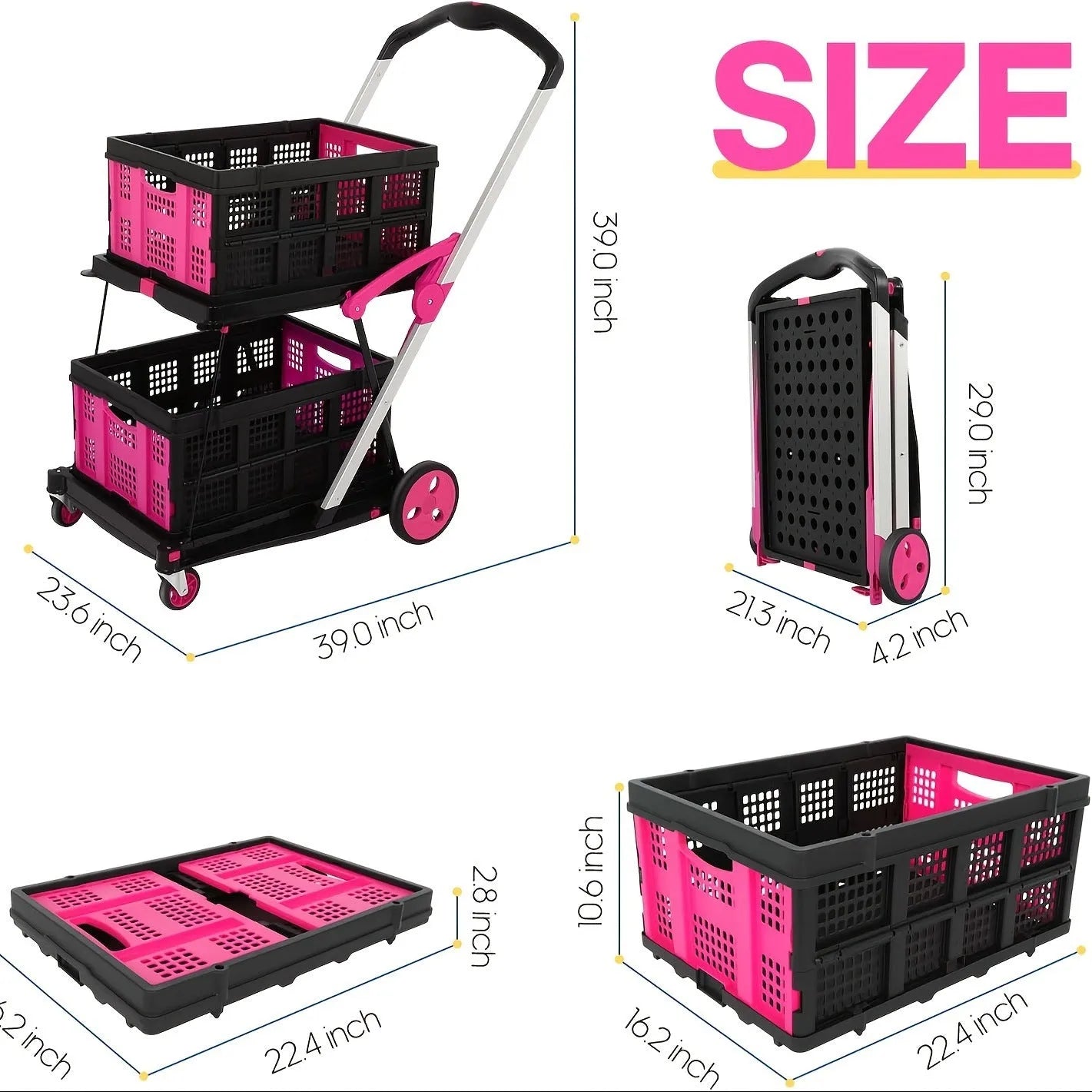 Foldable plastic shopping cart with twin baskets in blue, purple, pink, and red colour options