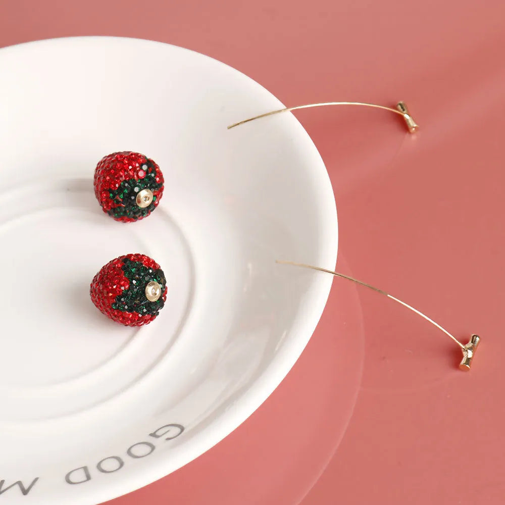 Red strawberry-shaped geometric earrings with spot drill crystals on zinc alloy