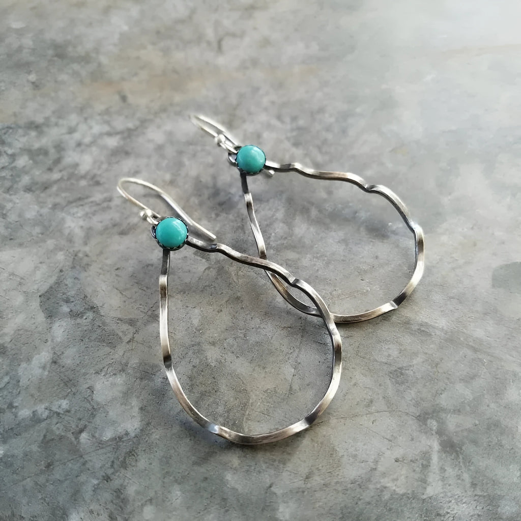 Turquoise geometric circle earrings with antique silver finish and bohemian vintage style