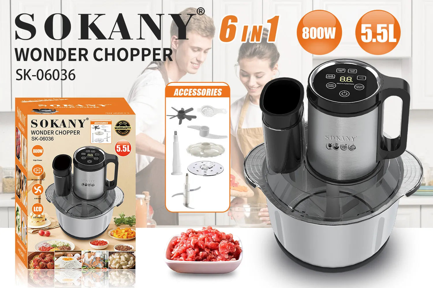 Stainless steel meat grinder food processor with 5L capacity for baby food and sausage preparation