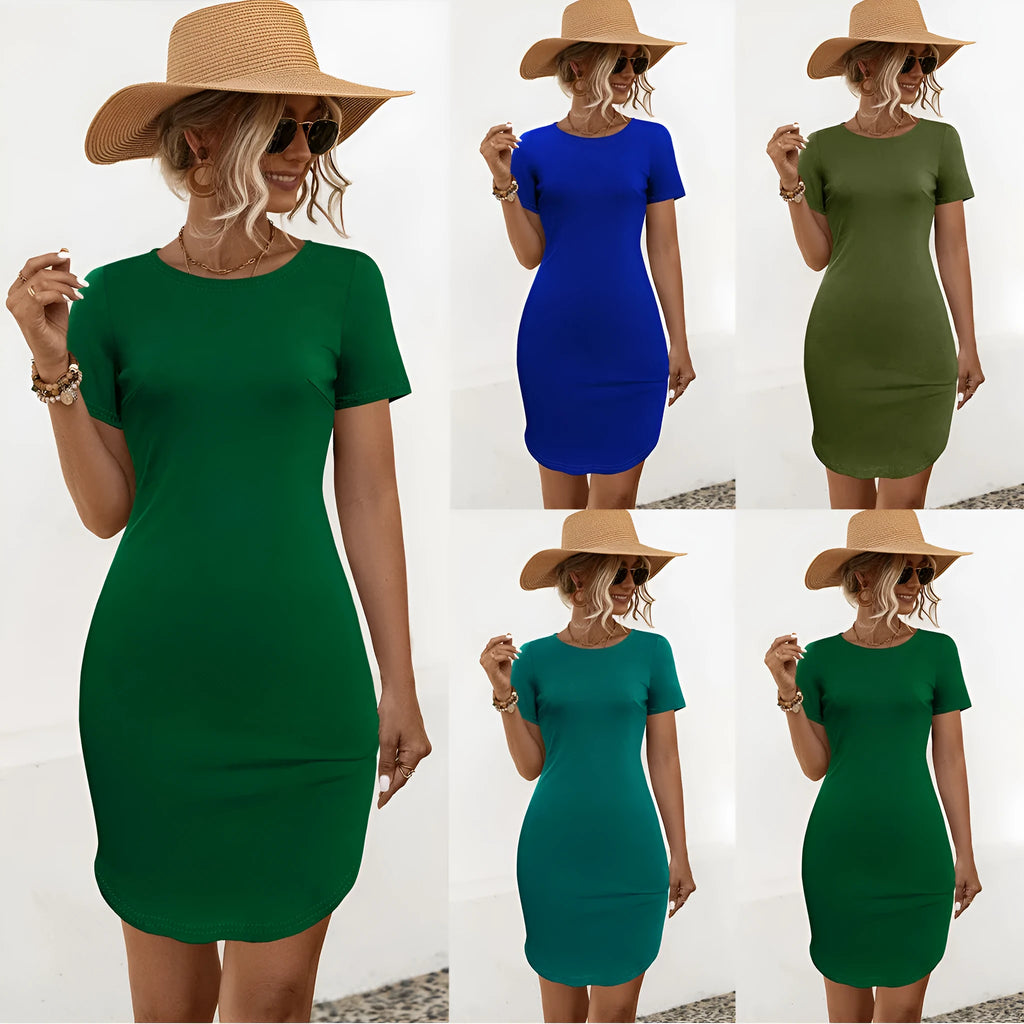 Women's short sleeve slim dress with U-shaped split hem in cotton blend fabric