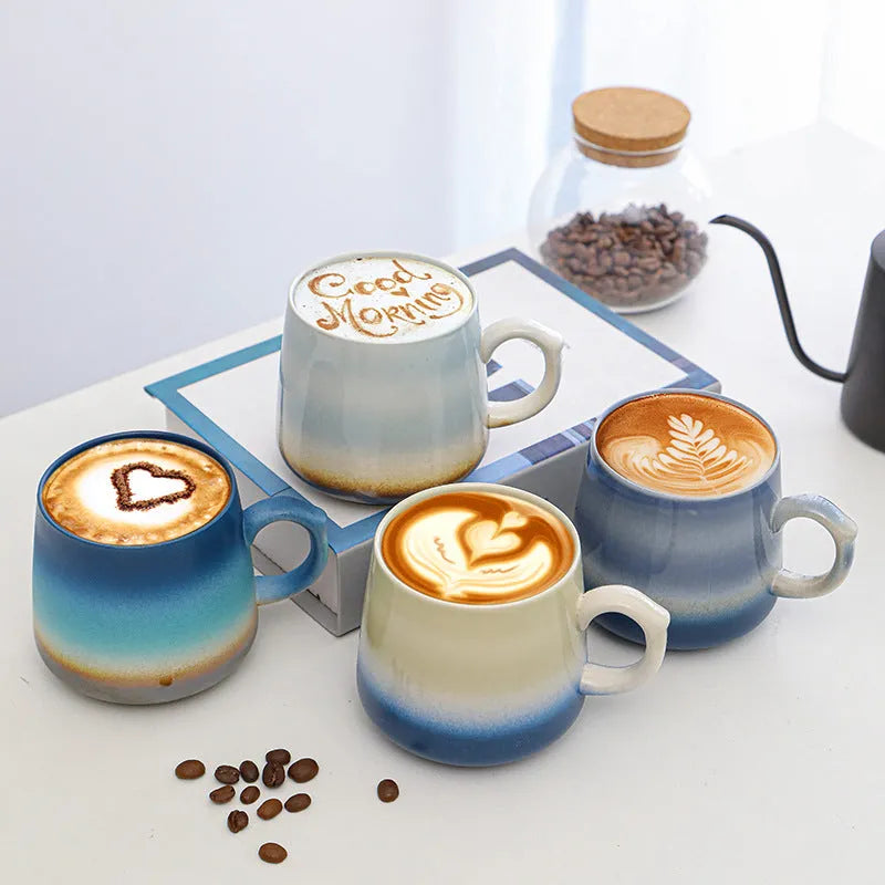 Large capacity retro style coffee mug in one of four colours, shown with dimensions of 8.5cm height and 8cm calibre.