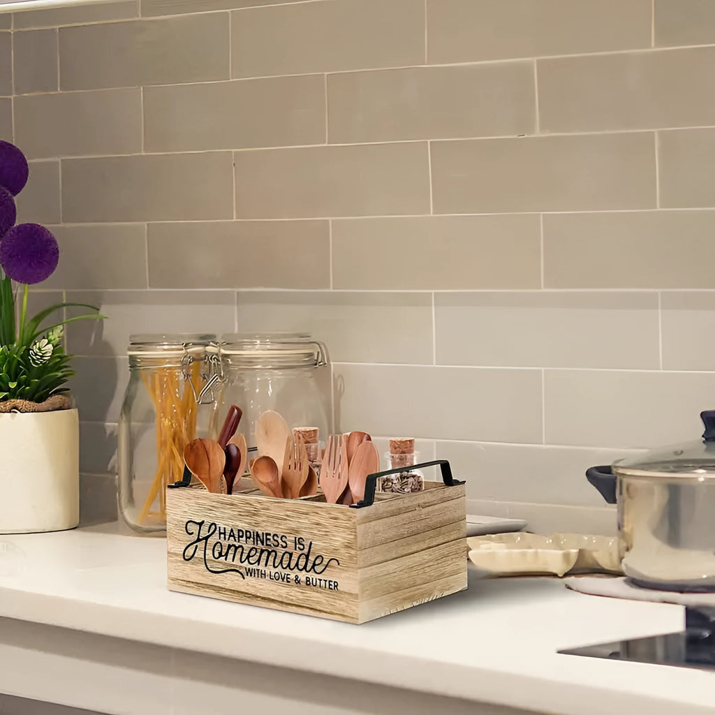 Wooden kitchen storage box with internal grid dividers for organising cutlery and utensils.