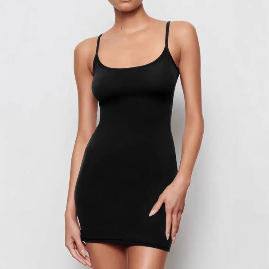 Black polyester sling dress with sleeveless sheath silhouette and mid waist styling