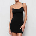 Black polyester sling dress with sleeveless sheath silhouette and mid waist styling