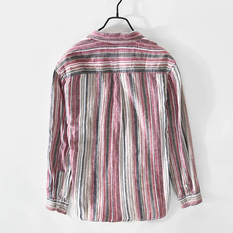 Men's gray striped linen shirt with long sleeves and loose fit on a hanger