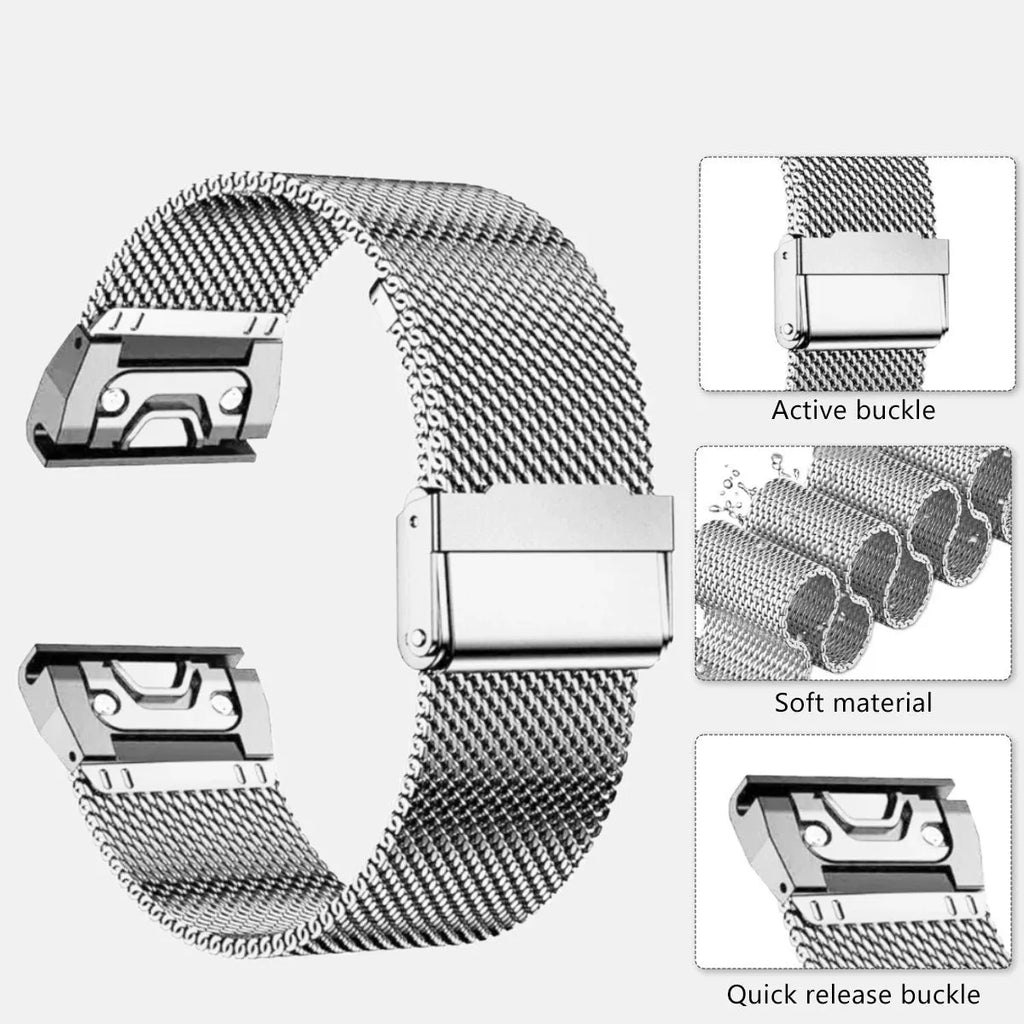 Stainless steel watch strap for Garmin Fenix 7X and 6X models in silver, black, gold, rose gold colours