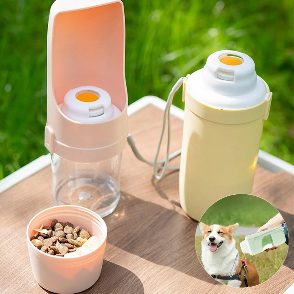 2-in-1 travel dog water bottle with feeder showing grey colour option with lanyard attachment