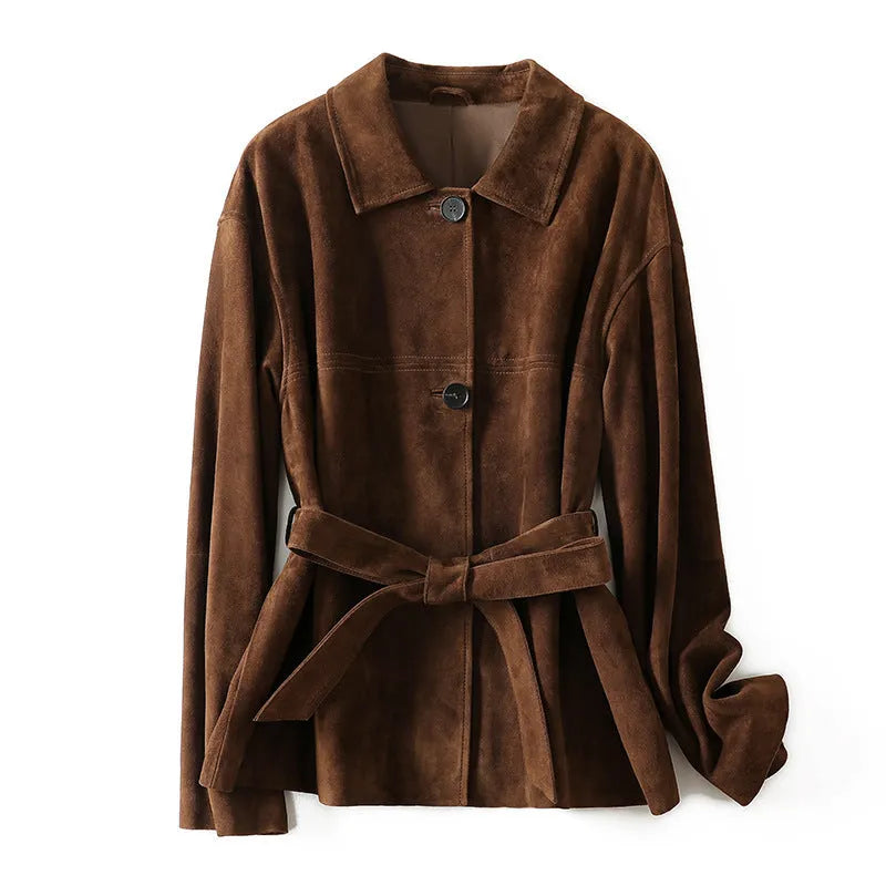 Retro cashmere coat with Peter Pan collar and leather stitching details in genuine leather wool