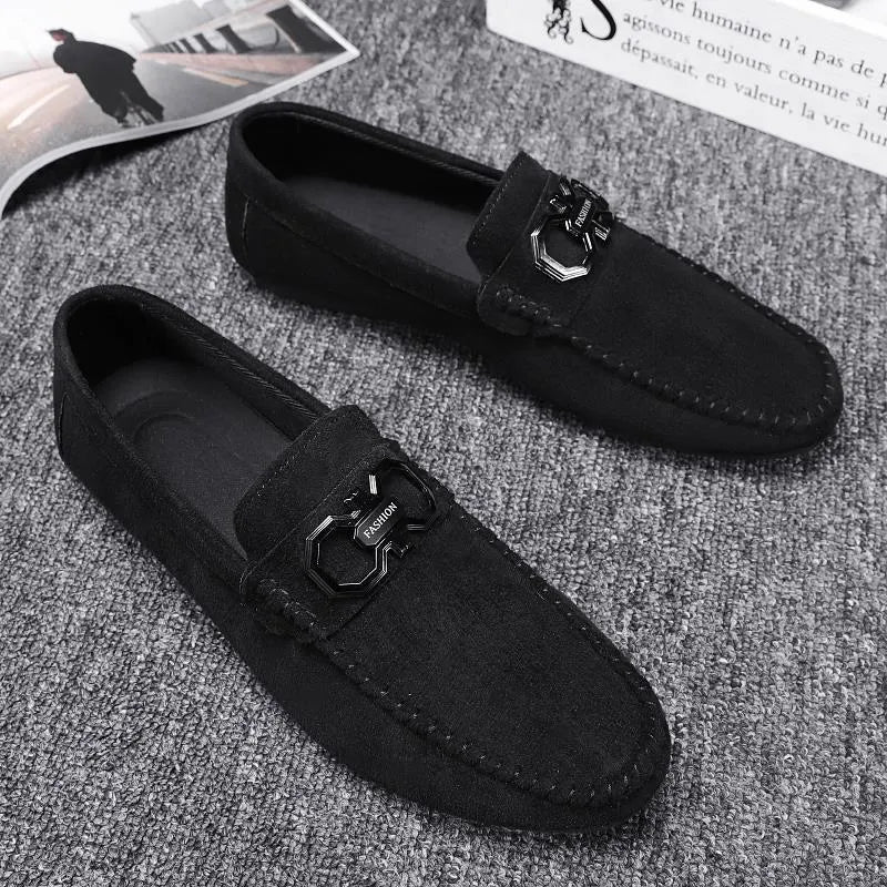 Men's black and grey suede casual shoes with cowhide leather and rubber sole