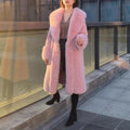 Grey women's mid-length faux rabbit fur and leather coat with a full fur collar.