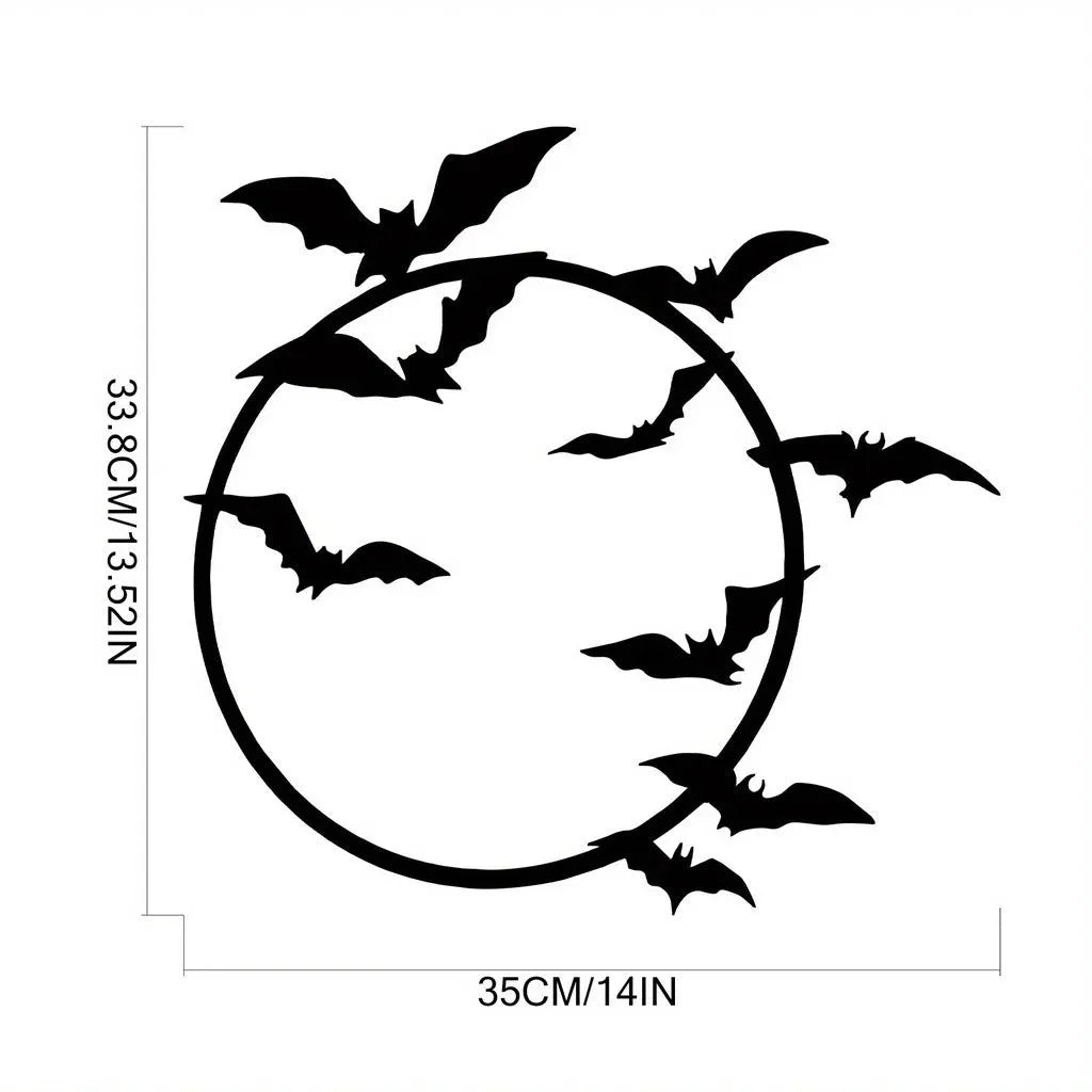 Black iron flying bat metal wall art in geometric style, 14x13.52 inch size on a light wall